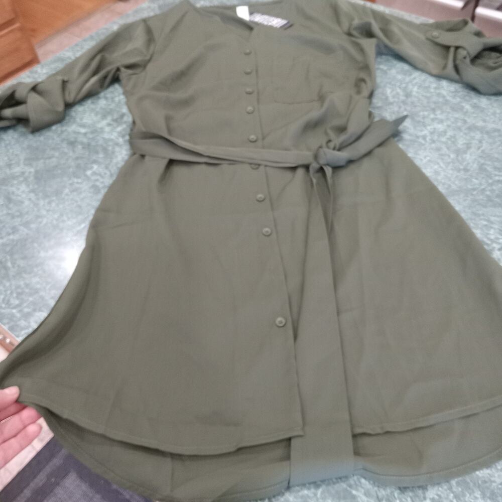 Army Green Shirt Dress Button Down Belted Roll Tab Sleeves Pocket NWT Size Sm
